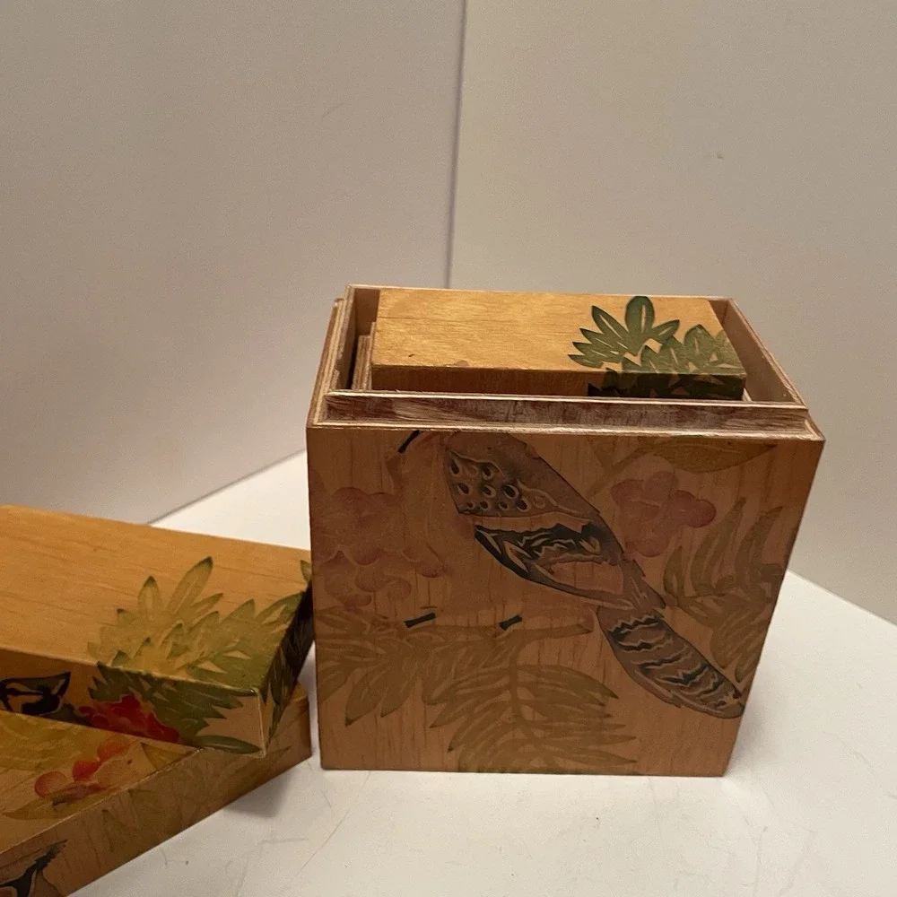 Vintage Chinese Wooden Nesting Boxes Set Of 3 Artist Sealed Bird & Floral Motif